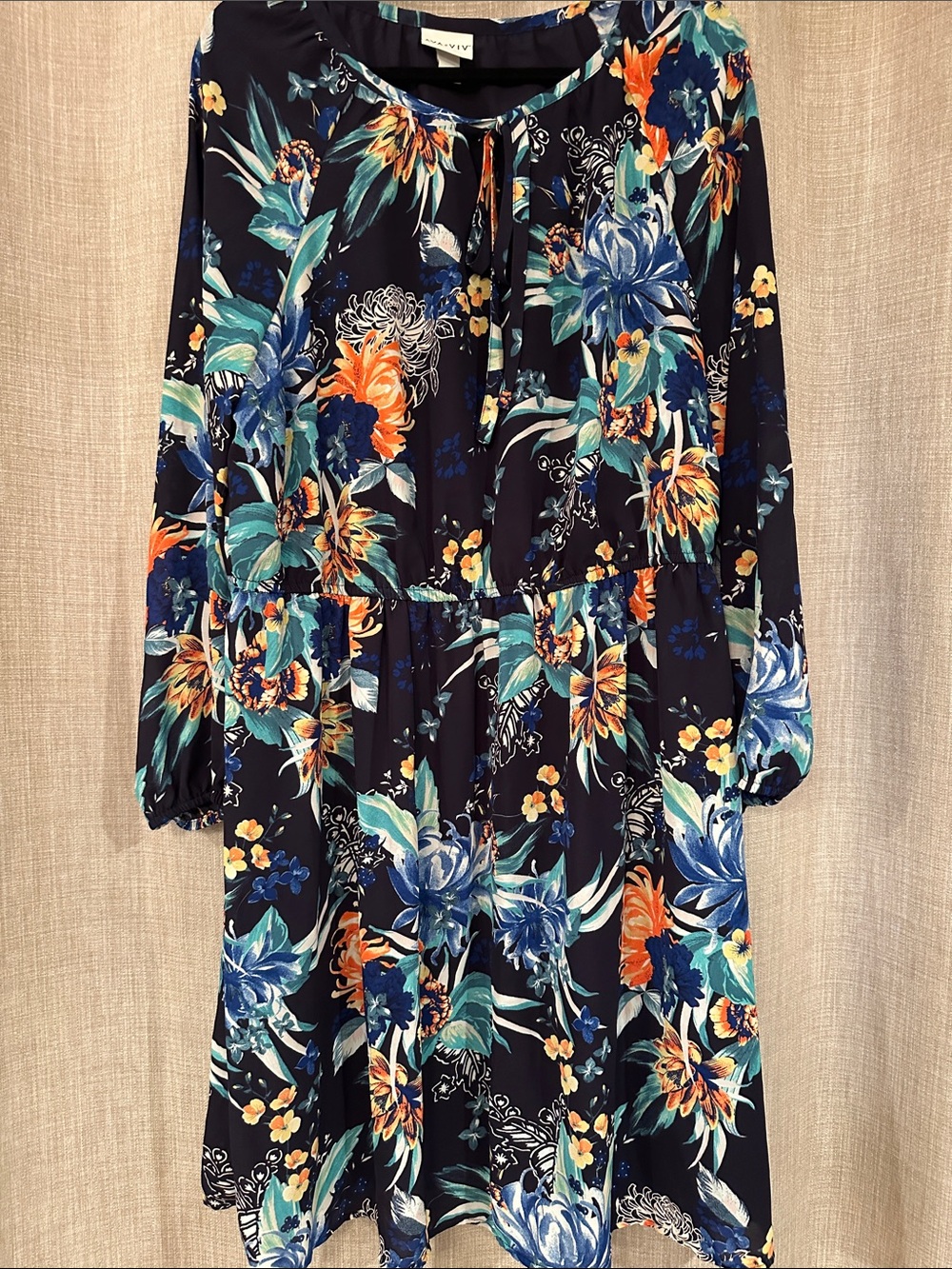 Ava Viv Floral Tie-Neck Long Sleeve Dress - Navy with Teal & Orange 1x
